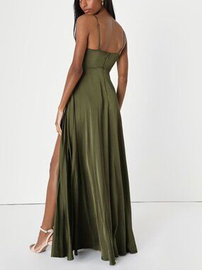 Lulus Satin Slit Maxi Dress XS Olive Green Formal Wedding Guest Prom NWT